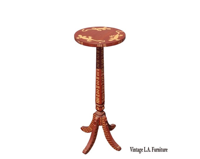 Tall Side Table Plant Stand Hand Painted Burnt Orange with Gecos