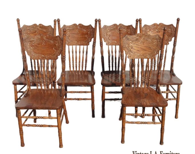 Set of Six Vintage Oak Pressback Dining Room Chairs ~ French Country 2of 2