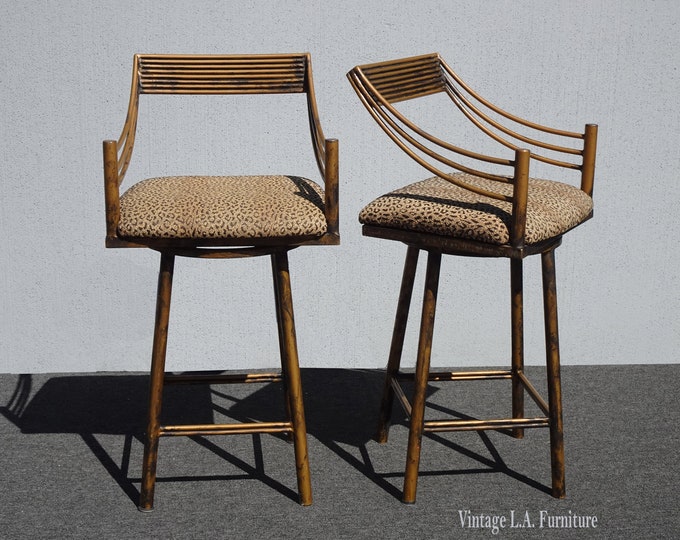 Vintage Pair of Leopard Print Metal Frame Swivel Bar Stools