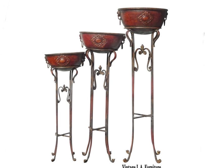 54" Tall Vintage Set of Three Brown Metal Planters Plant Stands with Bowl Trays