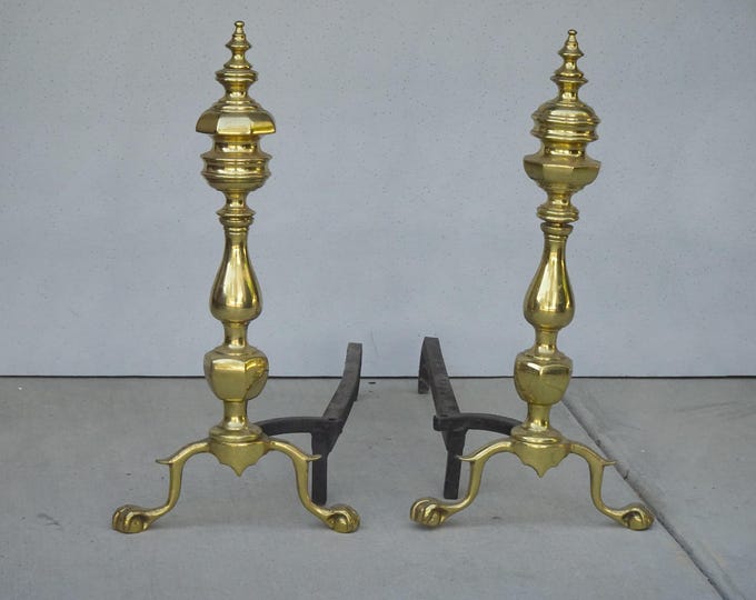 Pair of Vintage American Federal Brass Andirons w Wrought Iron Log Holders