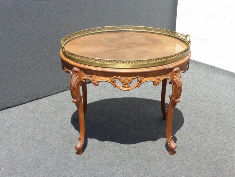 Vintage French Provincial Carved Wood Coffee Table End W Brass Rim Top