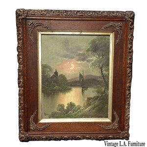 19th Century Oil Canvas Painting Picture &quot;Moonlite Evening - Sailing&quot; by Becluee