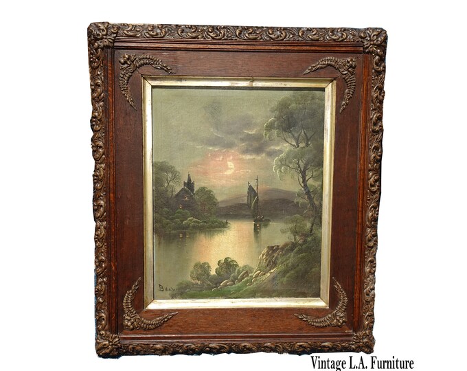 19th Century Oil Canvas Painting Picture "Moonlite Evening - Sailing" by Becluee