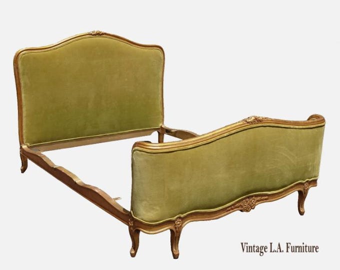 Antique French Italian Louis XV Queen Bed Frame Made in Italy Lime Green Velvet Headboard