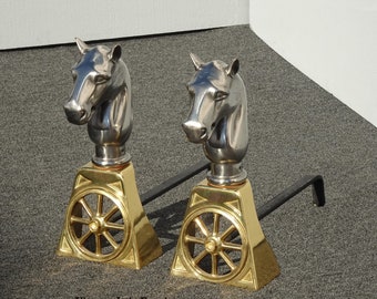 Pair Gold Brass & Silver Cast Iron Horse Equestrian Andirons Fireplace Accessory