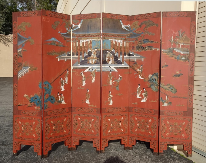 Antique Oriental Asian Red Coromandel Six Panel Folding Screen Palace Scene