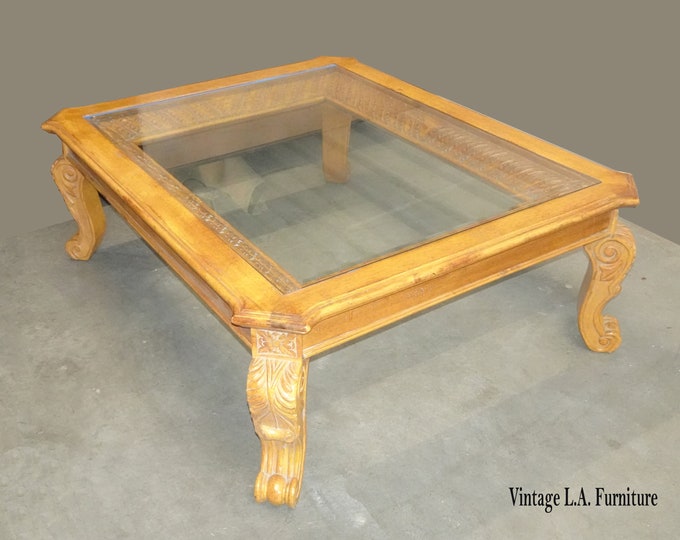 Vintage Golden Brown Coffee Table Cocktail Table w Beveled Glass Top ~ Cravings