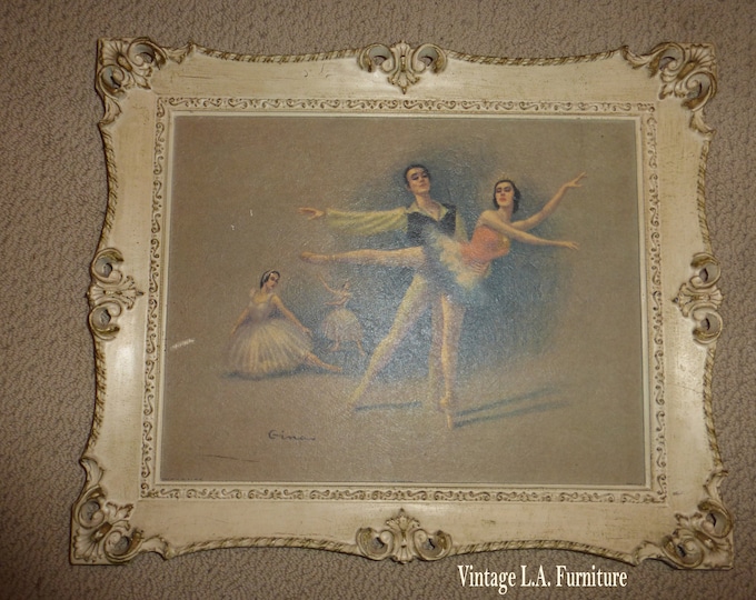 Vintage French Provincial Picture of Ballerinas w Ornate Frame Signed Gino
