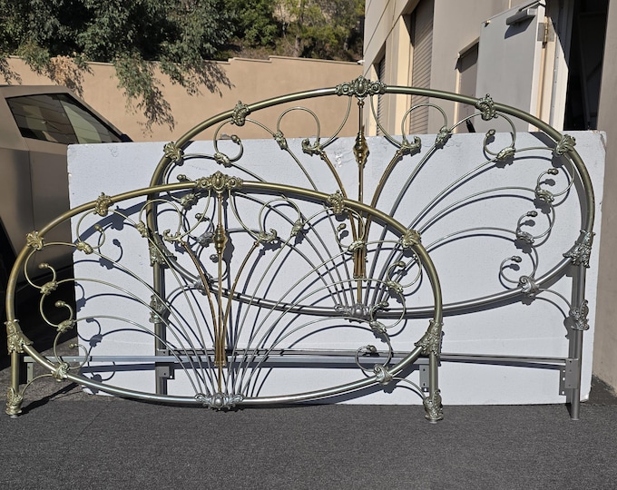 Vintage French Elliott's Designs Iron Gold Silver Queen Bedframe Headboard