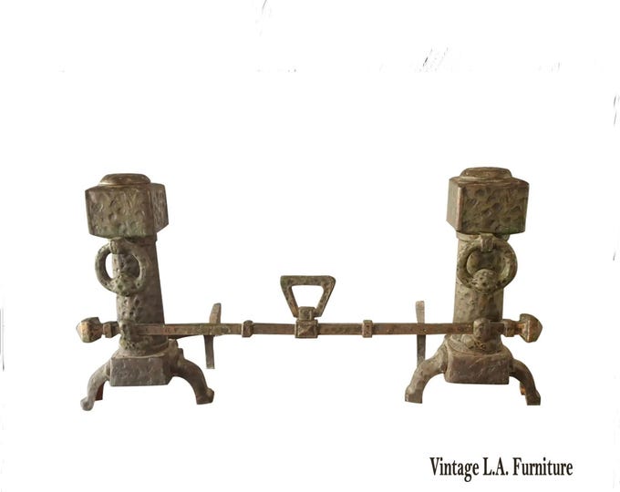 Vintage Spanish Revival Hammered Iron Three Piece Andirons Fireplace Accessorie