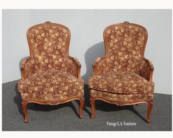 Pair French Bergere Louis XVI Petite Burgundy Side Chairs w Down Cushions