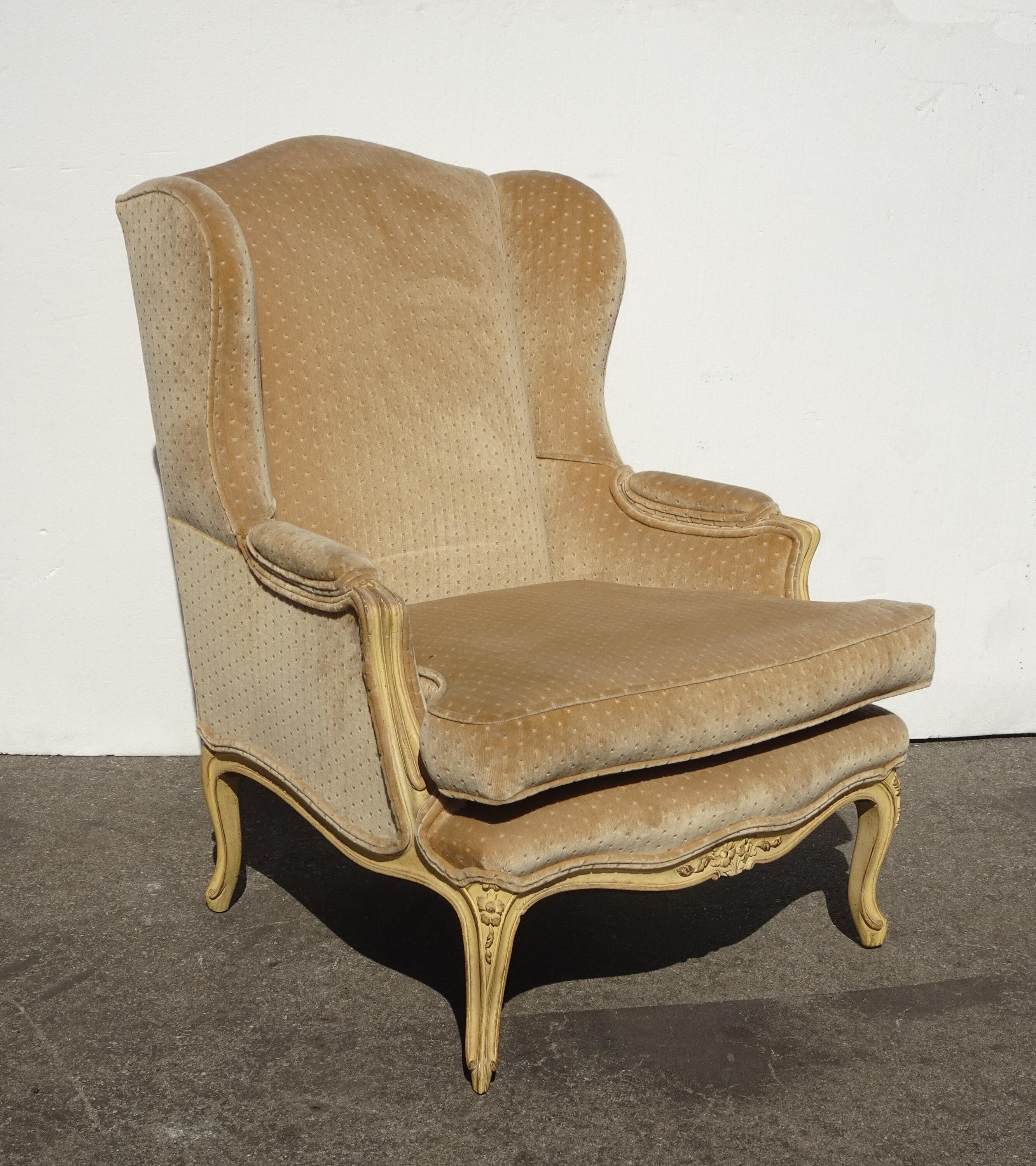 Vintage French Provincial Gold Polka Dotted Velvet Accent Wingback Chair