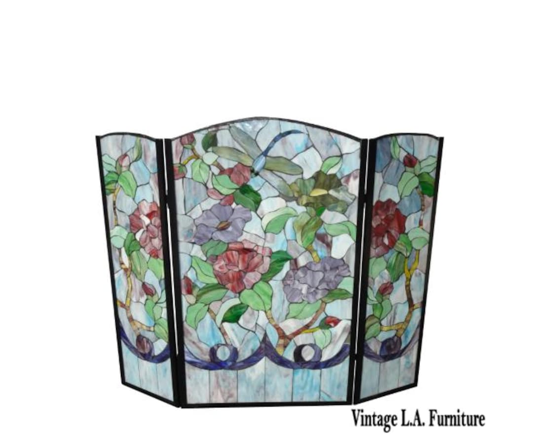 Vintage Tiffany Style Wrought Iron Three Panel Stained Glass
