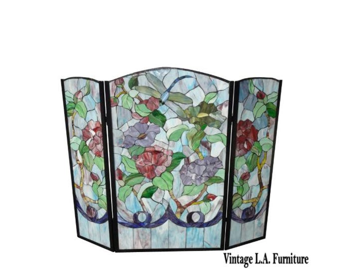 Vintage Tiffany Style Wrought Iron Three Panel Stained Glass Fireplace Screen