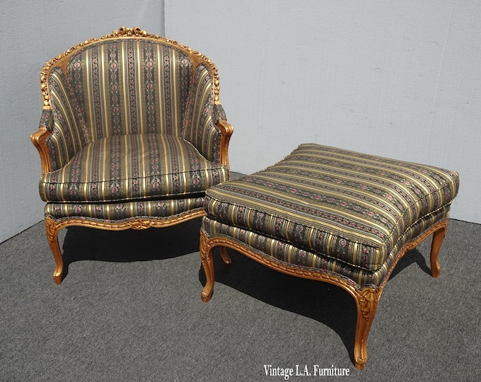 Vintage French Louis XVI Gold Gilt Ornate Club Chair & Ottoman w Down Cushions