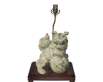 Vintage Oriental Asian Painted Brass Foo Dog Guardian Lion Table Lamp ~ Light