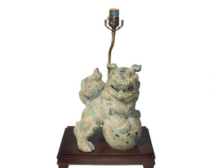 Vintage Oriental Asian Painted Brass Foo Dog Guardian Lion Table Lamp ~ Light