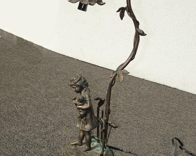 Vintage French Country Cast Bronze Figural Table Lamp w a Child and Kitten