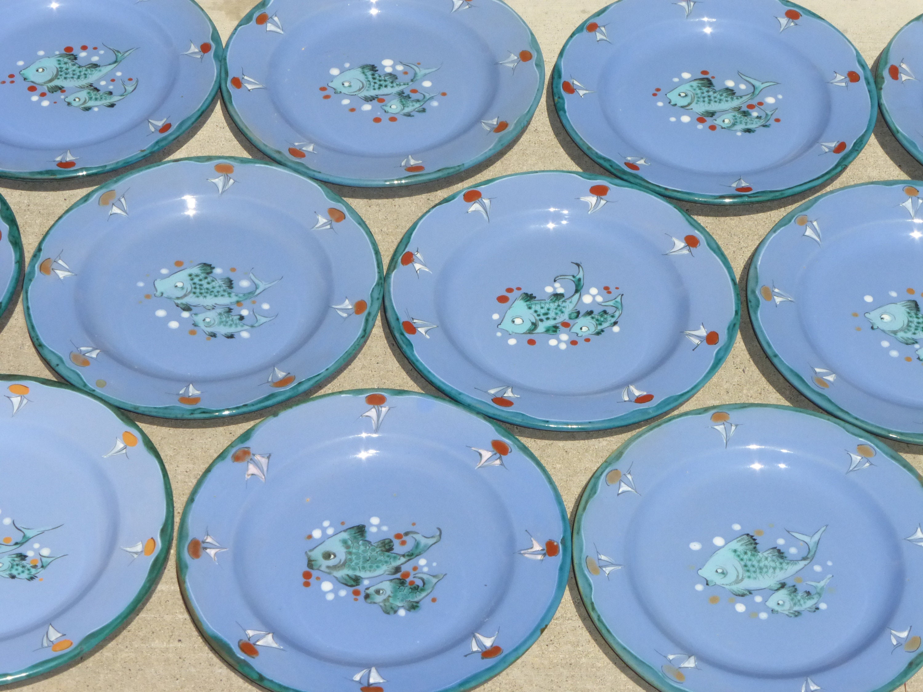 Vintage Set of Twelve Hand Painted Fish Dinnerware Plates Made in Italy