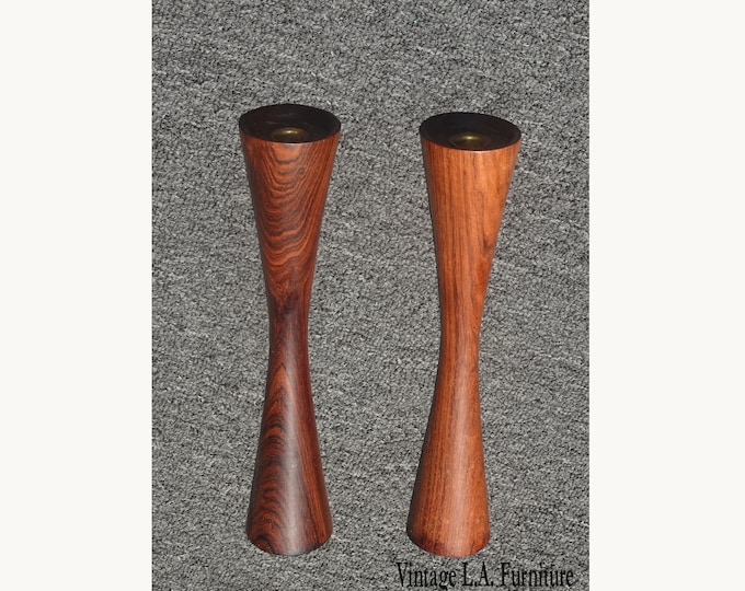 Pair of Vintage Danish Modern Style Brown Walnut Candle Holders