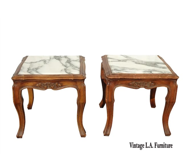 Pair of Vintage French Provincial White Marble Top End Tables ~ Nightstands