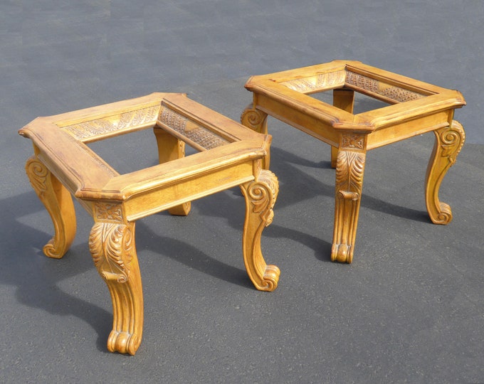 Pair Vintage Ornate Carved Wood End Tables with Glass Tops