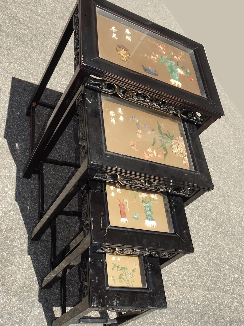 Set of Four Vintage Oriental Asian Black Nesting Tables W Decorative ...