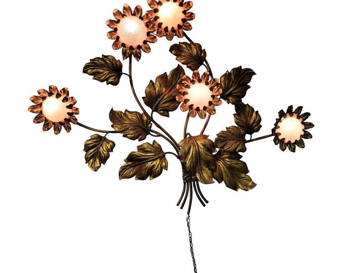 1960's Hollywood Regency Wall Light Gilt Gold Tole Five Arm Sunflower made Italy
