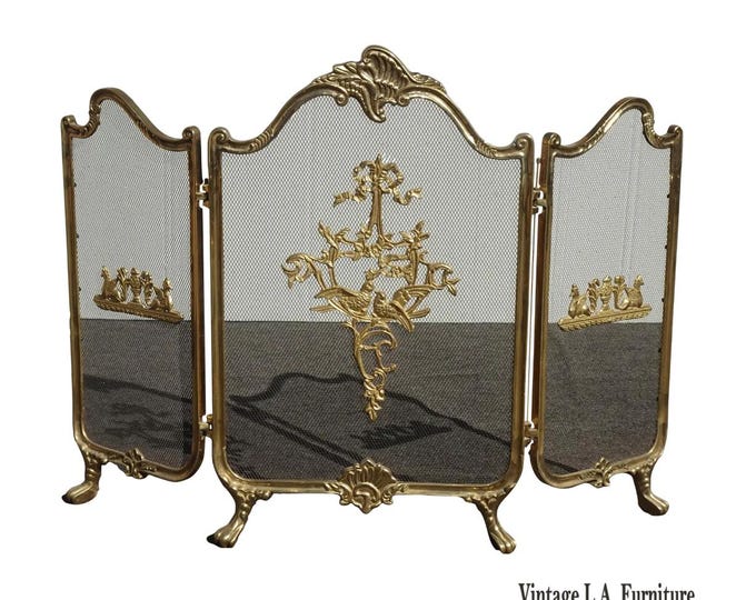 Vintage French Provincial Ribbons Love Birds Gold Brass Fireplace Screen #1