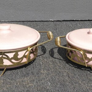 Pair Vintage Mid Century Modern Pink Warming Serving Dishes image 3