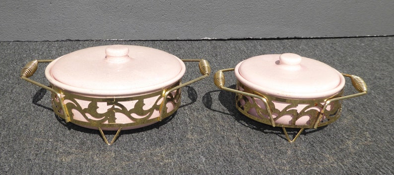 Pair Vintage Mid Century Modern Pink Warming Serving Dishes image 3