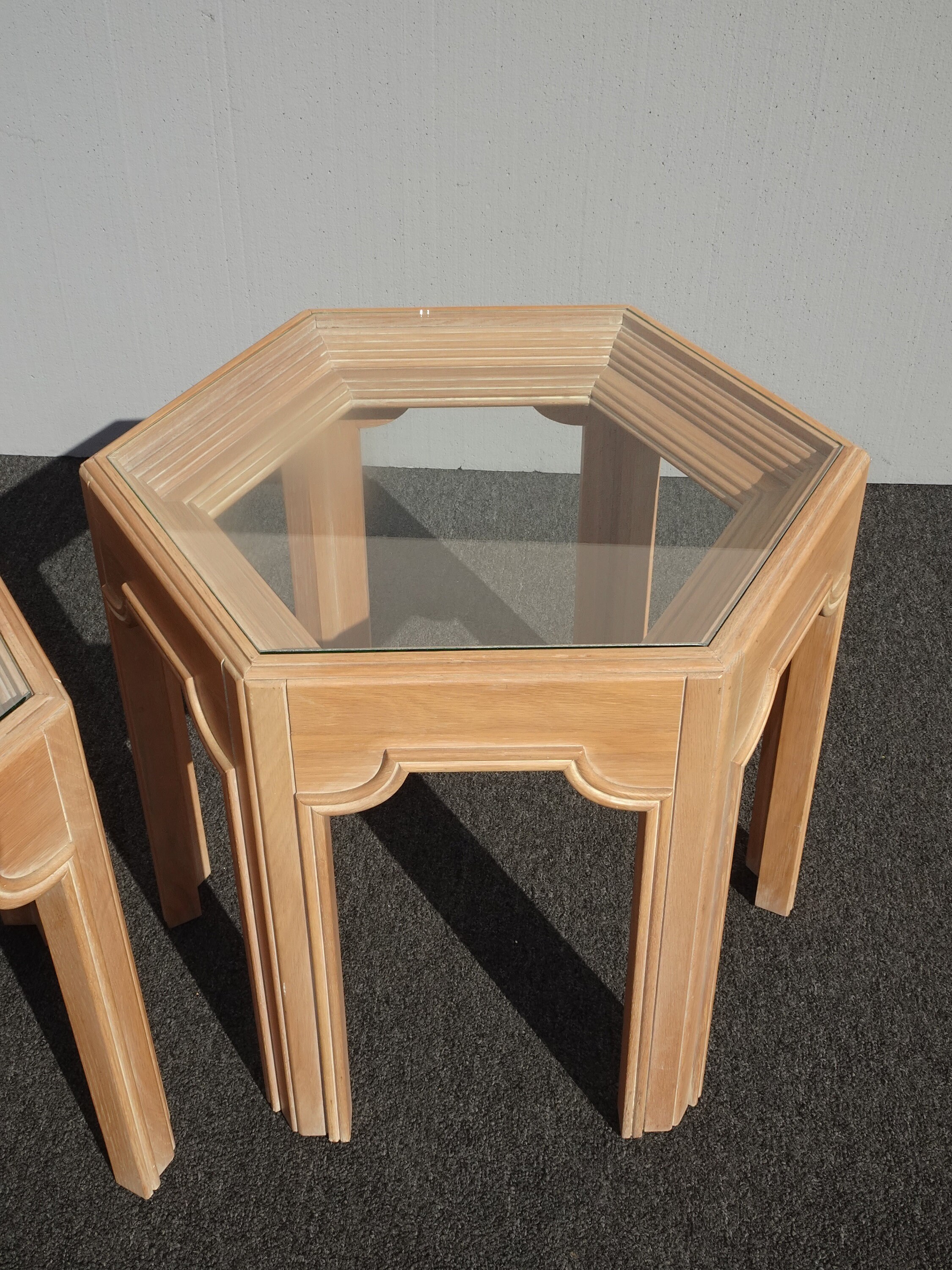 Vintage Mid Century Tan White Wash Hexagon Glass End Tables by Gordons