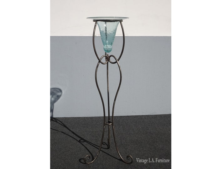 56" Tall Vintage Solid Metal Iron Jardiniere Decorative Plant Stand w Crackled Glass Vase