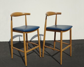 Pair Vintage Mid Century Modern Metal Blue Barstools Bar Stools