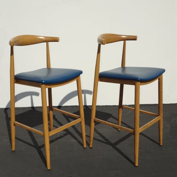 Pair Vintage Mid Century Modern Metal Blue Barstools Bar Stools