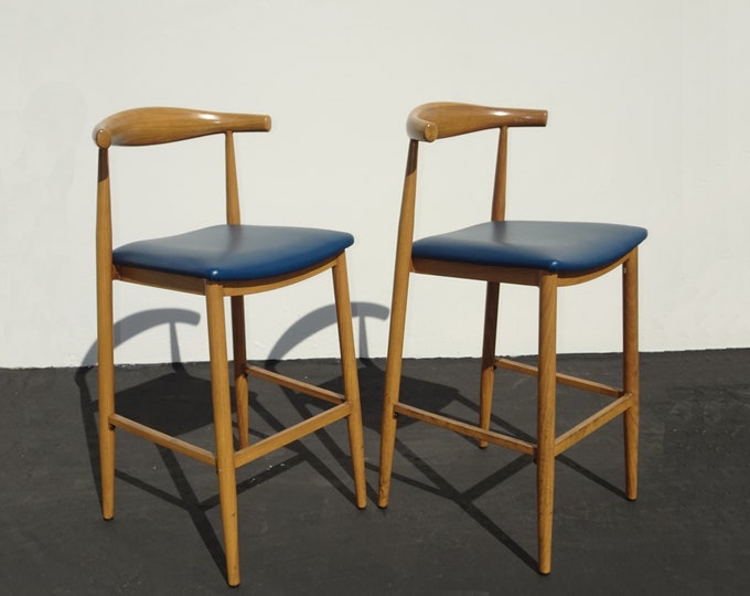 Pair Vintage Mid Century Modern Metal Blue Barstools Bar Stools