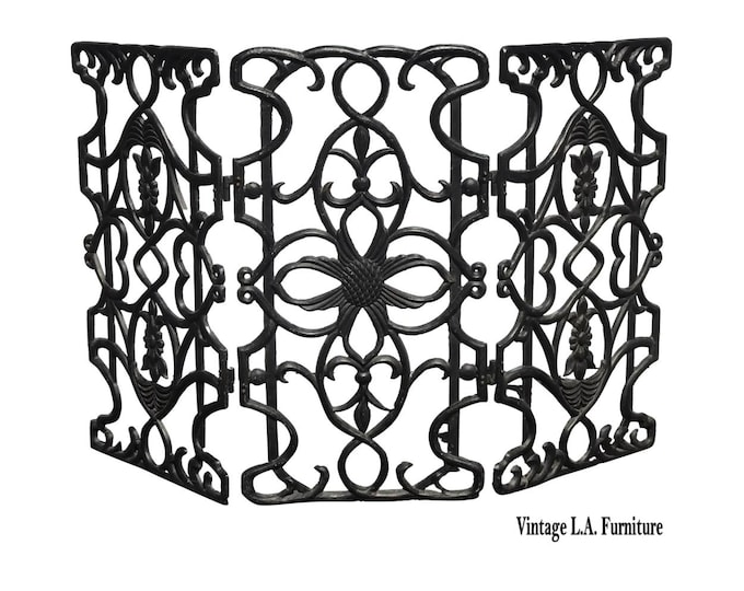 Vintage Spanish Style Cast Iron Three Panel Ornate Black Fireplace Screen