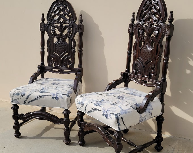 Pair of Vintage Ornate Spanish Style Accent Throne Chairs w White Floral Fabric