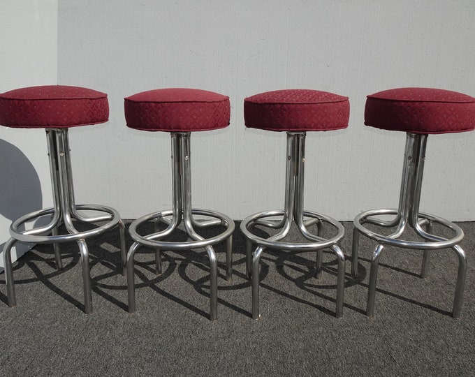 Set of Four Mid Century Modern Burgundy Barstools w Chrome Base Bar Stools