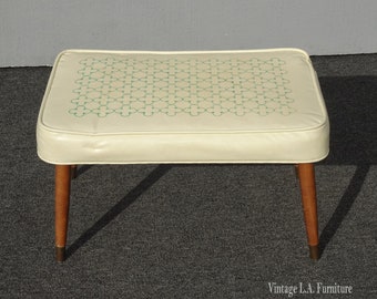 Vintage Mid Century Modern Off White w Blue Swirl Footstool Bench w Peg Legs