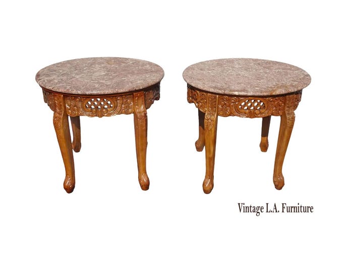 Vintage French Country Pink Marble Top End Tables ~ Side Tables
