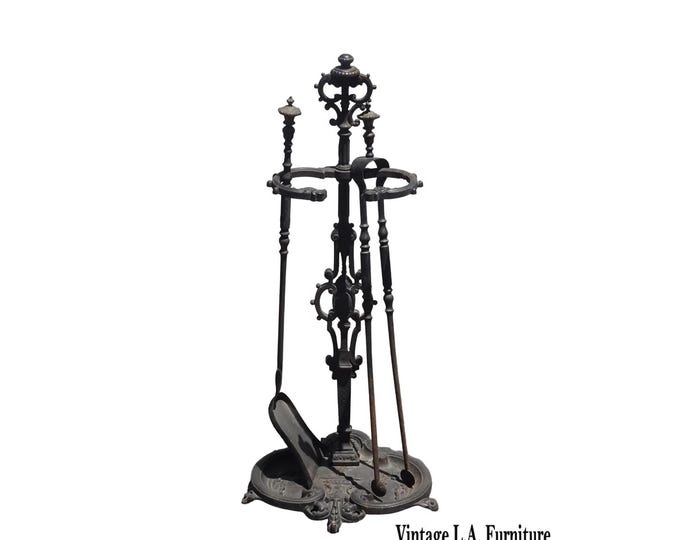 Vintage French Country Black Wrought Iron Set of Two Fireplace Tools