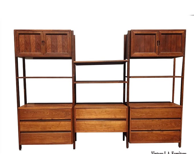 Vintage Mid Century Walnut Three Bay Wall Unit Bookcase Cabinets by Stanley