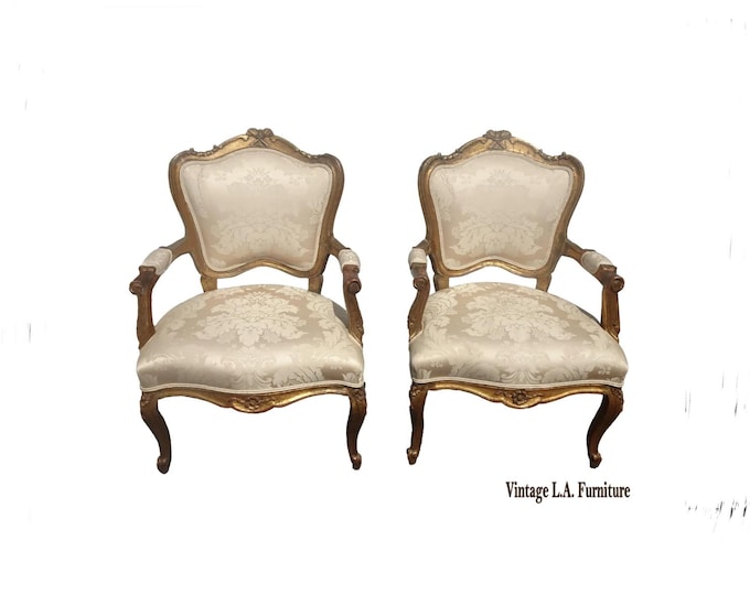 Pair of French Louis XVI Bergere Gold Gilt White Carved Arm Chairs