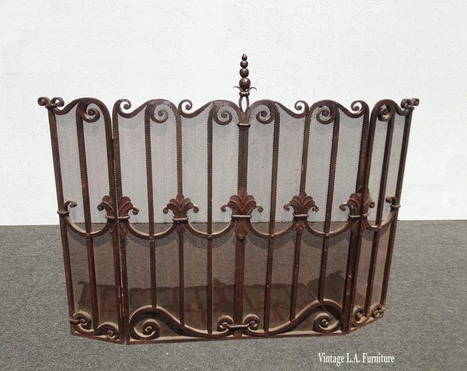Vintage Three-Panel Heavy Iron French Provincial Farmhouse Style Fireplace Screen