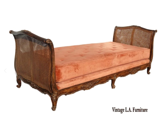 Vintage French Louis XVI Daybed ~ Cane Bed w Orange Velvet ~ Chaise Lounge