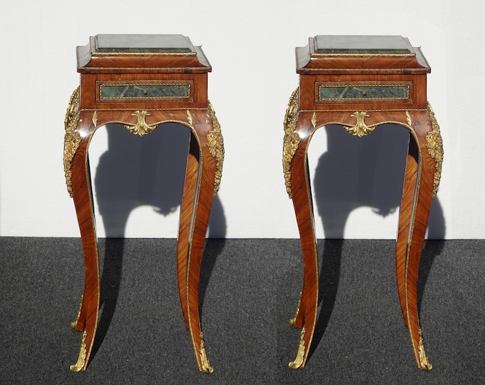 Pair Ornate French Louis XVI Pedestal Side Tables Stands Brass Ormolu Marble Top