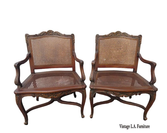 Pair French Provincial Louis XVI Style Cane Back Armchairs Chairs w Stretcher