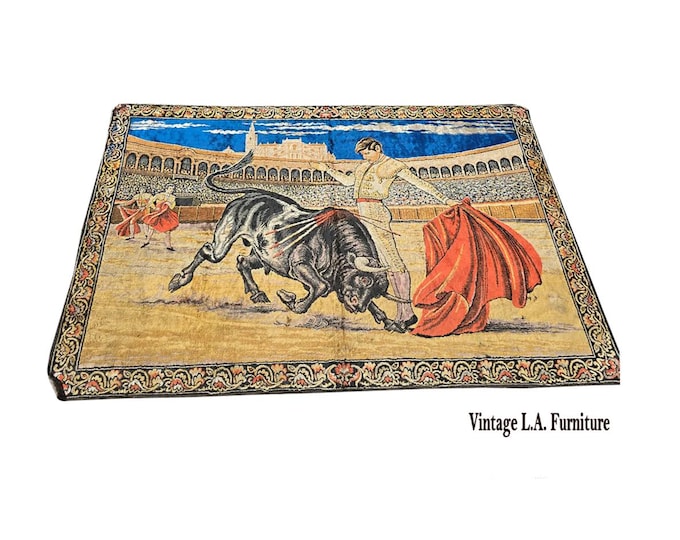 Vintage Spanish Bull Fight w Matador and Bull Velvet Tapestry Made In Italy
